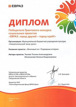 Диплом победителя Грантового конкурса социальных проектов «ЕВРАЗ: город друзей – город идей!» 